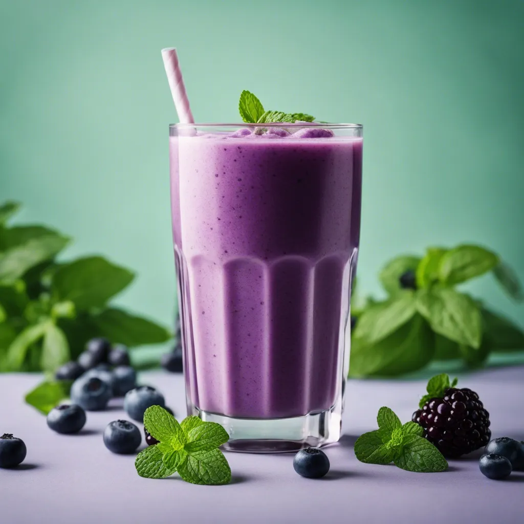 Mango Blueberry Banana Smoothie in a glass garnished with mint