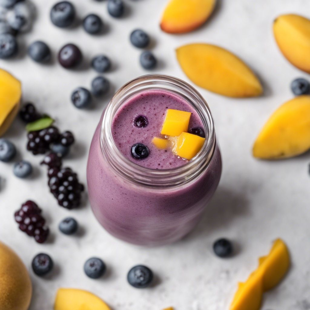 An overhead photo of a jar-like glass of Mango Blueberry Smoothie garnished with cubed mangoes and a couple of blueberries. There are more fresh berries and mango slices surrounding the glass in the photo.