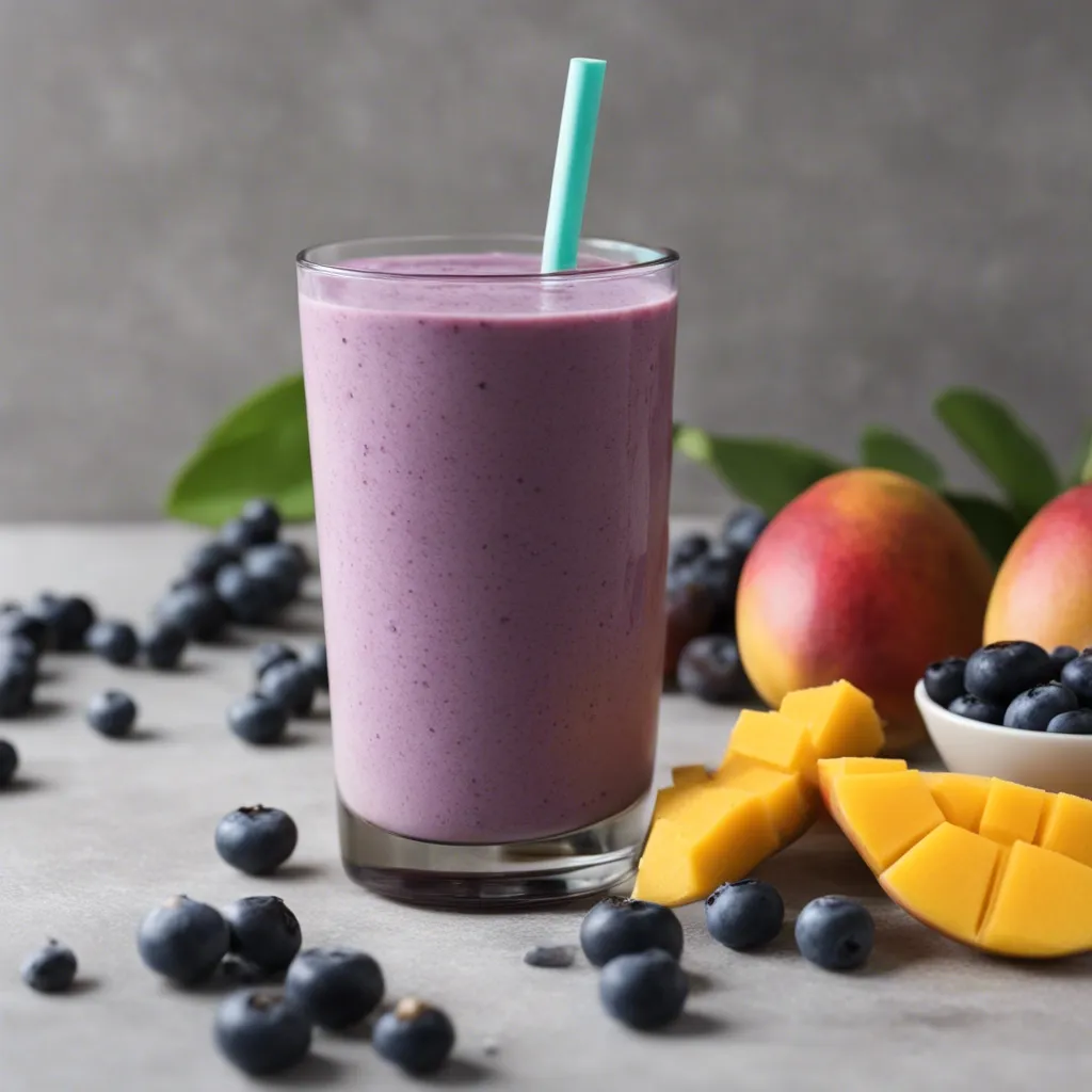 A side photo of a glass of Mango Blueberry Smoothie  with a turquoise straw. There are more blueberries and mango slices surrounding the smoothie.