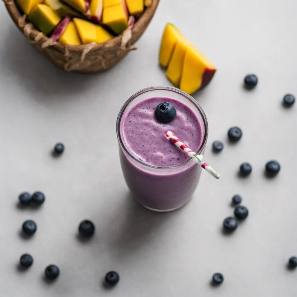 An overhead photo of Mango Blueberry Smoothie  garnished with a single blueberry and more blueberries scattered around the glass.