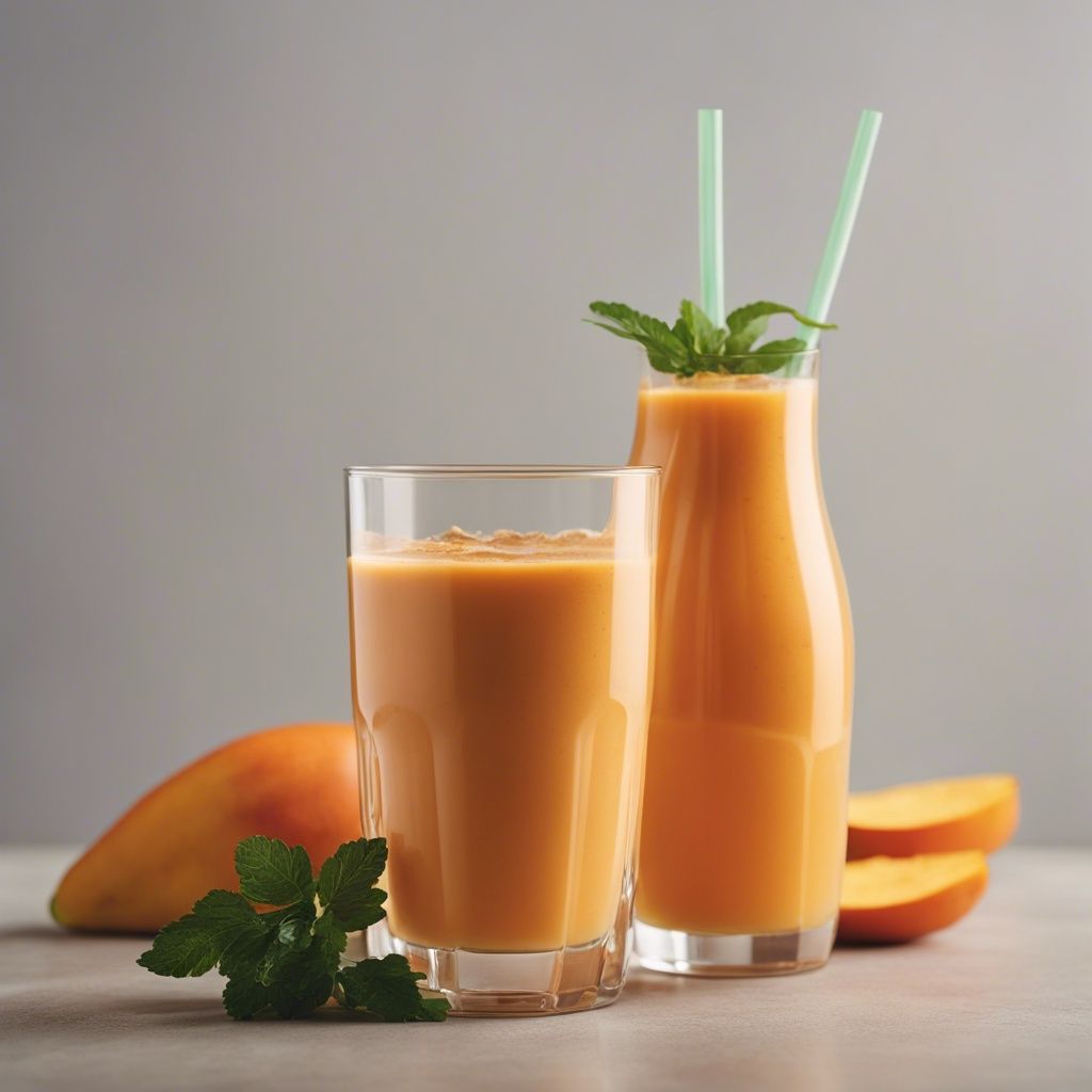 A glass and a carafe of mango carrot smoothie with green straws and fresh mint on top, with mango slices in the background on a light surface