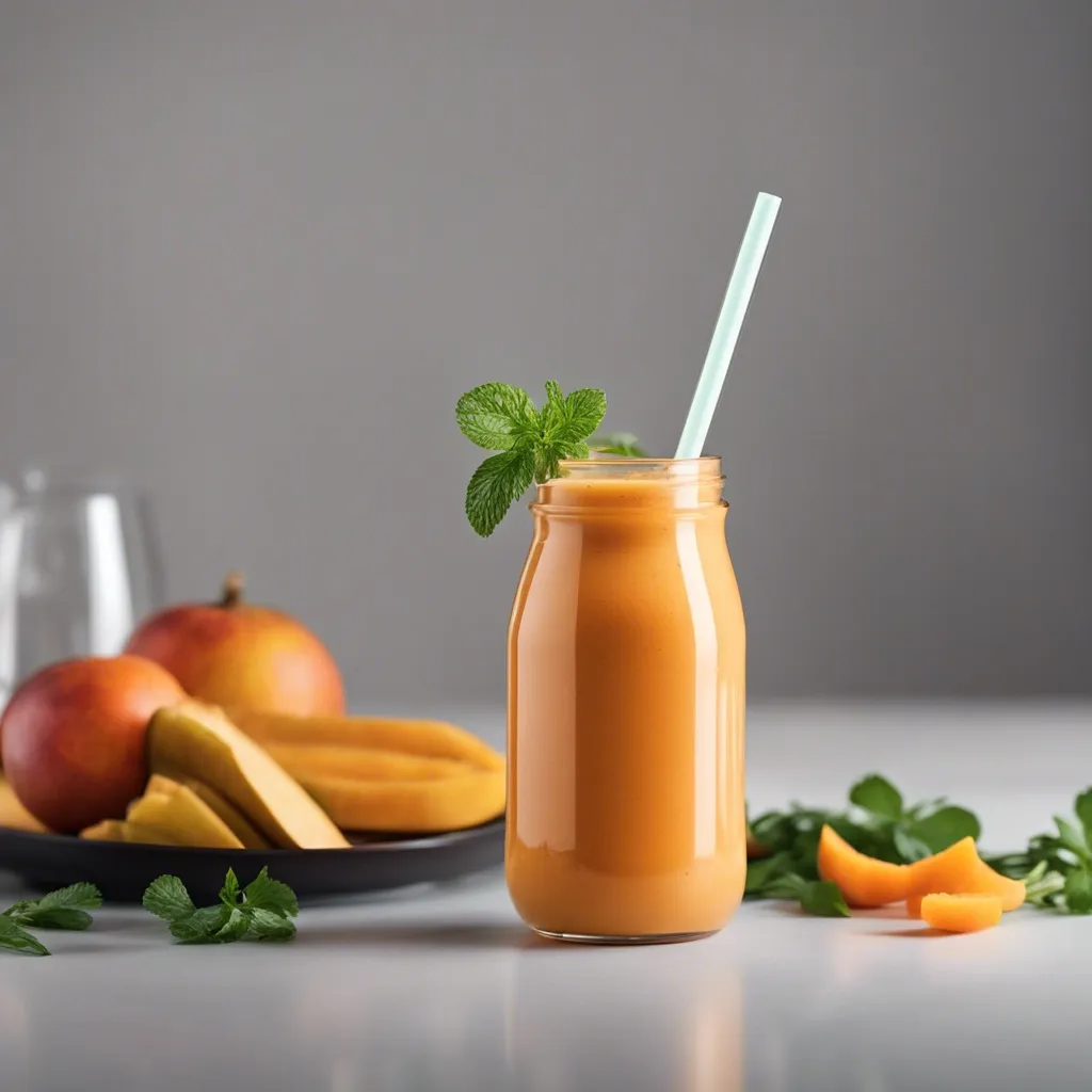 A mango carrot smoothie in a jar with a straw and mint leaf garnish, with mango slices and whole mangoes in the background on a light surface