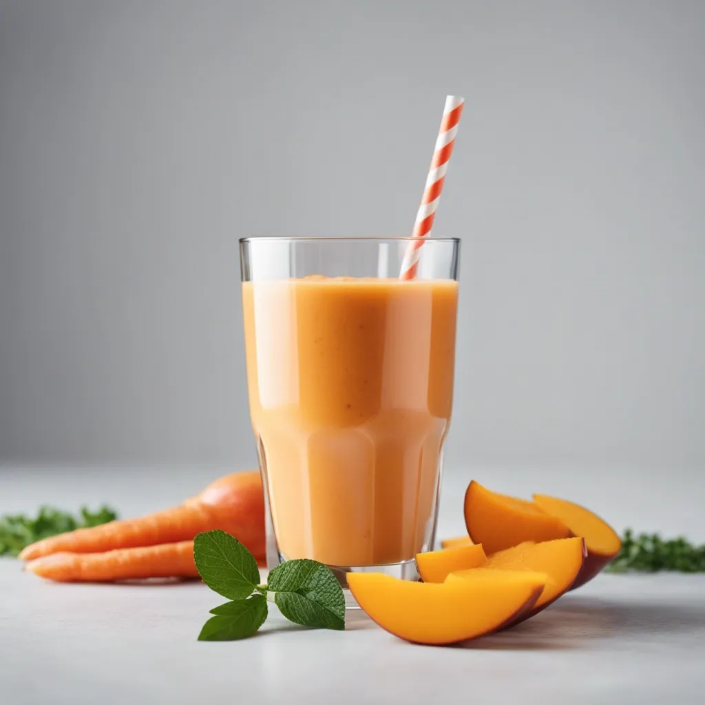 A glass of mango carrot smoothie with a striped straw, surrounded by slices of mango and whole carrots on a light surface