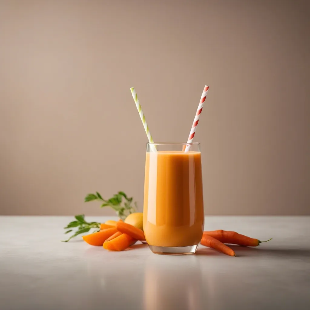 A glass of mango carrot smoothie with two straws and carrots in the background, on a light surface with a soft shadow