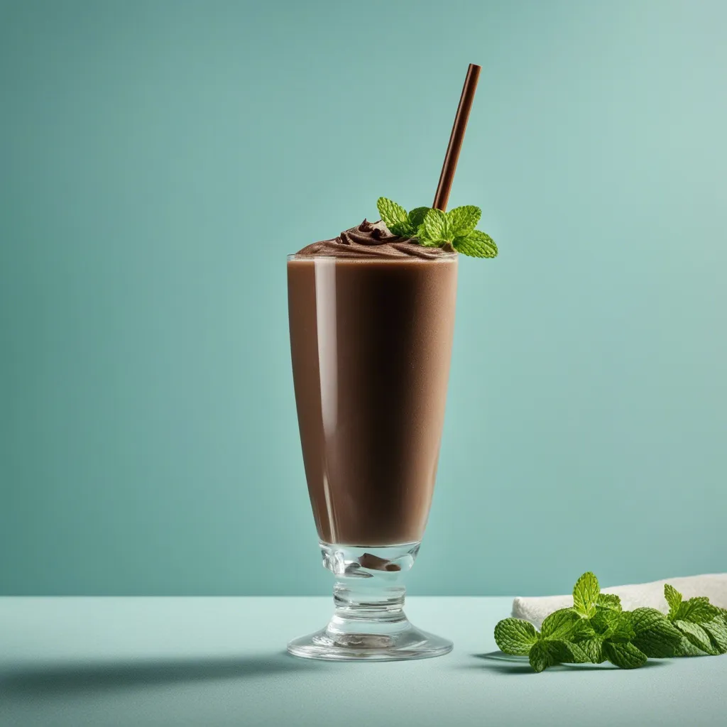 A rich and creamy mango chocolate smoothie in a tall glass, garnished with a slice of mango and chocolate shavings