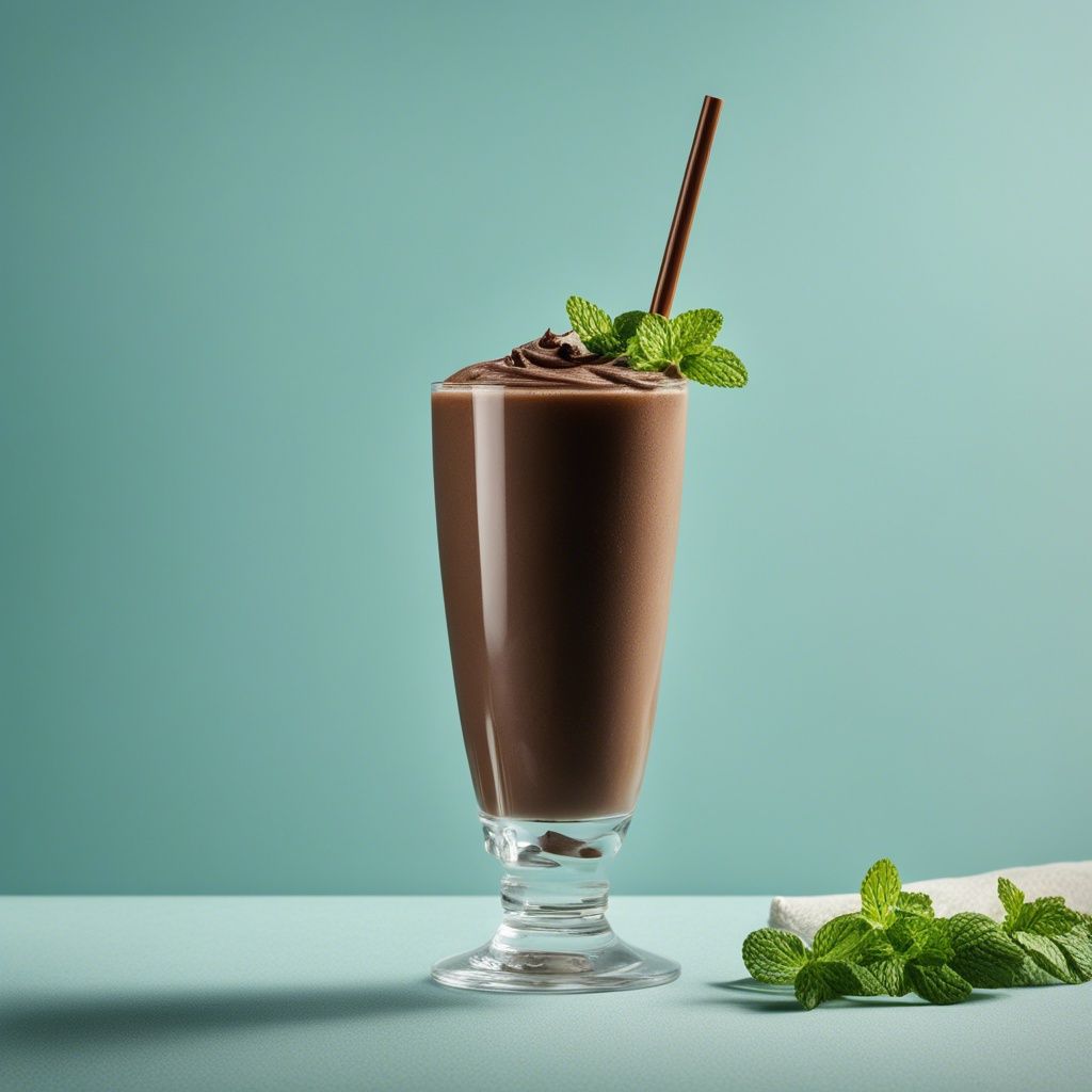 A rich and creamy mango chocolate smoothie in a tall glass, garnished with a slice of mango and chocolate shavings