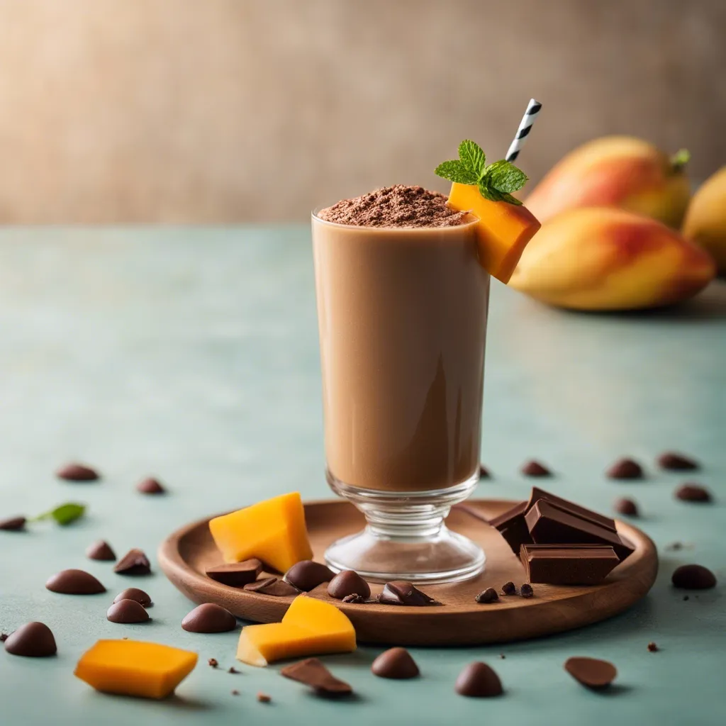 A chocolate smoothie garnished with mango on a wooden tray.