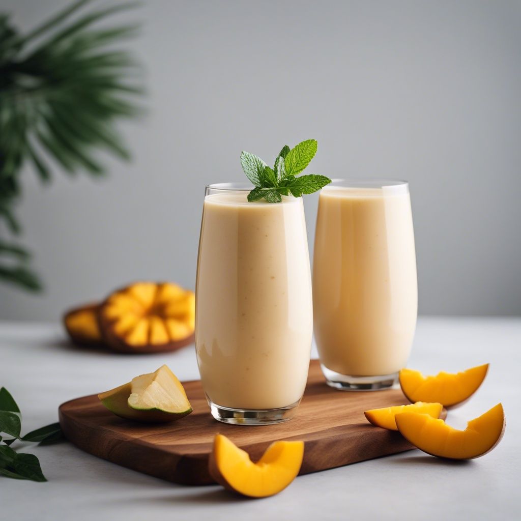 A refreshing mango coconut milk smoothie in a clear glass on a wooden coaster, garnished with mint, with slices of mango and a backdrop of tropical foliage, offering a taste of the tropics.