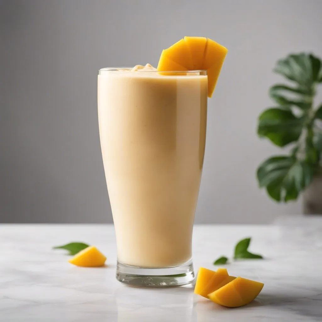 A tall glass of mango coconut milk smoothie, elegantly garnished with a slice of mango, set on a marble countertop for a luxurious and refreshing beverage experience.