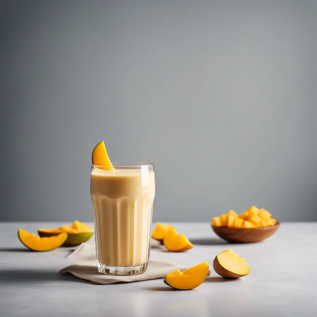 A vibrant mango coconut milk smoothie in a clear glass with a straw, placed on a neutral cloth with mango slices and coconut flakes nearby, perfect for a healthy, tropical drink.