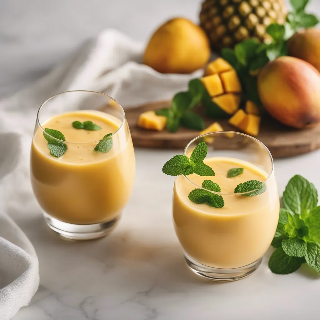 Two glasses of creamy mango coconut smoothie garnished with mint leaves, set on a marble countertop with fresh mangoes and a pineapple in the softly focused background.