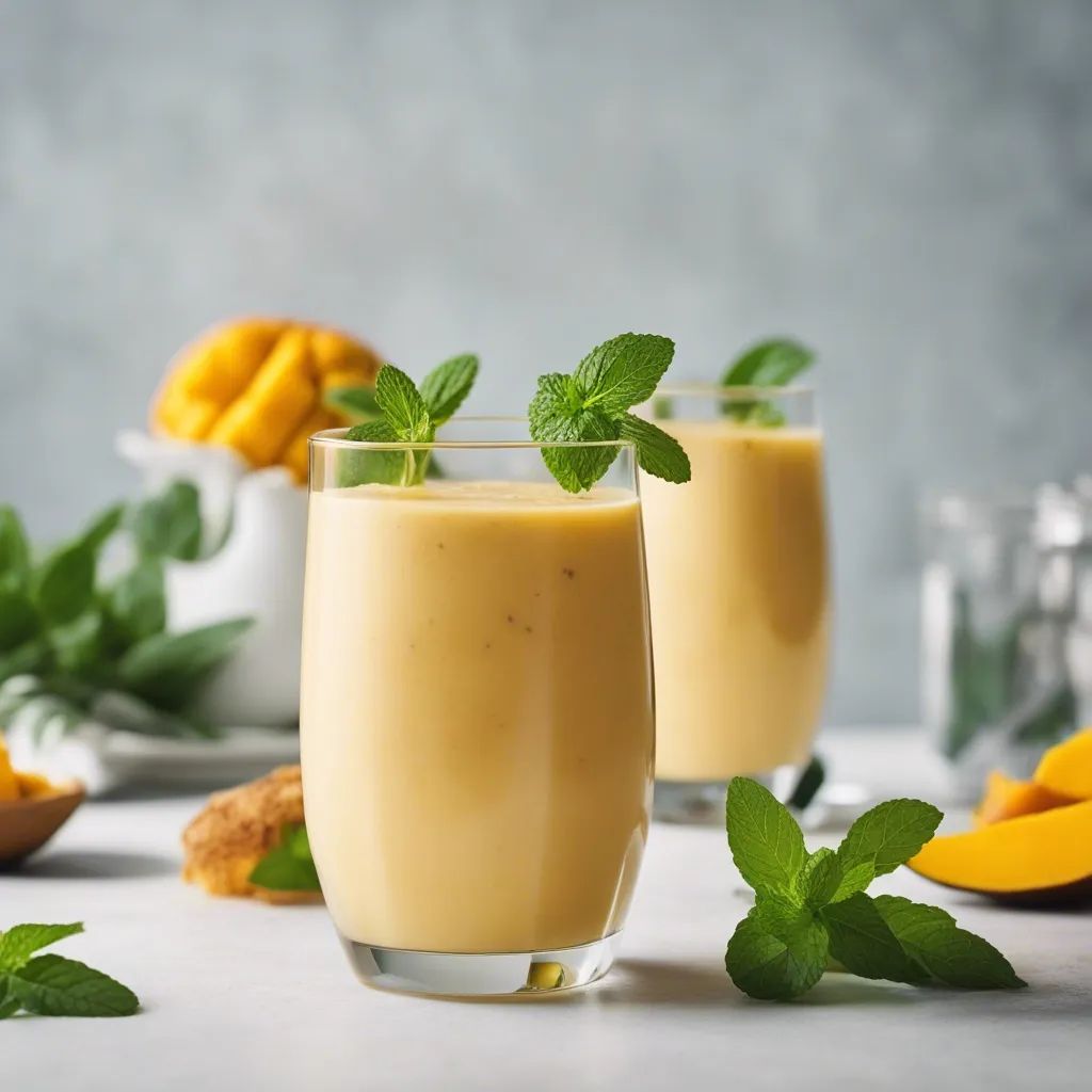 A refreshing mango coconut smoothie in two tall glasses, each topped with a mint leaf, placed on a grey background alongside slices of mango and a sprig of mint.