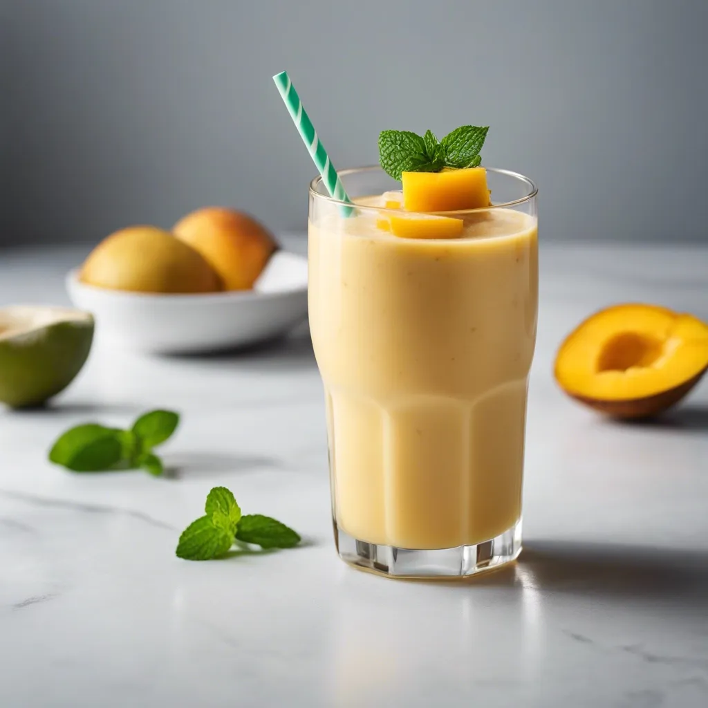 A tall glass of mango coconut smoothie with a patterned straw, as well as mango and mint leaf garnish, accompanied by sliced mango pieces and mint leaves in the background on a neutral surface.