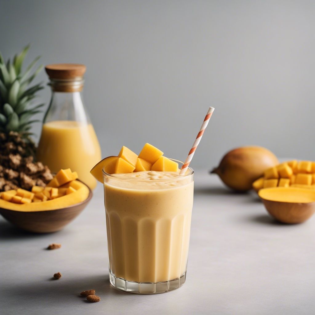 A creamy mango ginger smoothie in a glass with a striped straw, garnished with mango chunks, with whole mangos and a jug of smoothie in the background