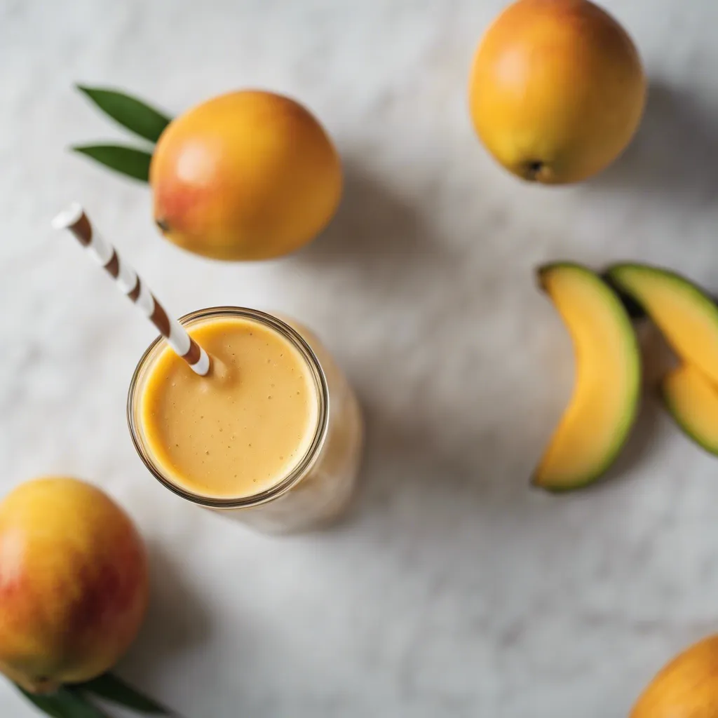 Top view of a mango ginger smoothie in a glass with a striped straw, surrounded by whole mangos and mango slices on a marble surface