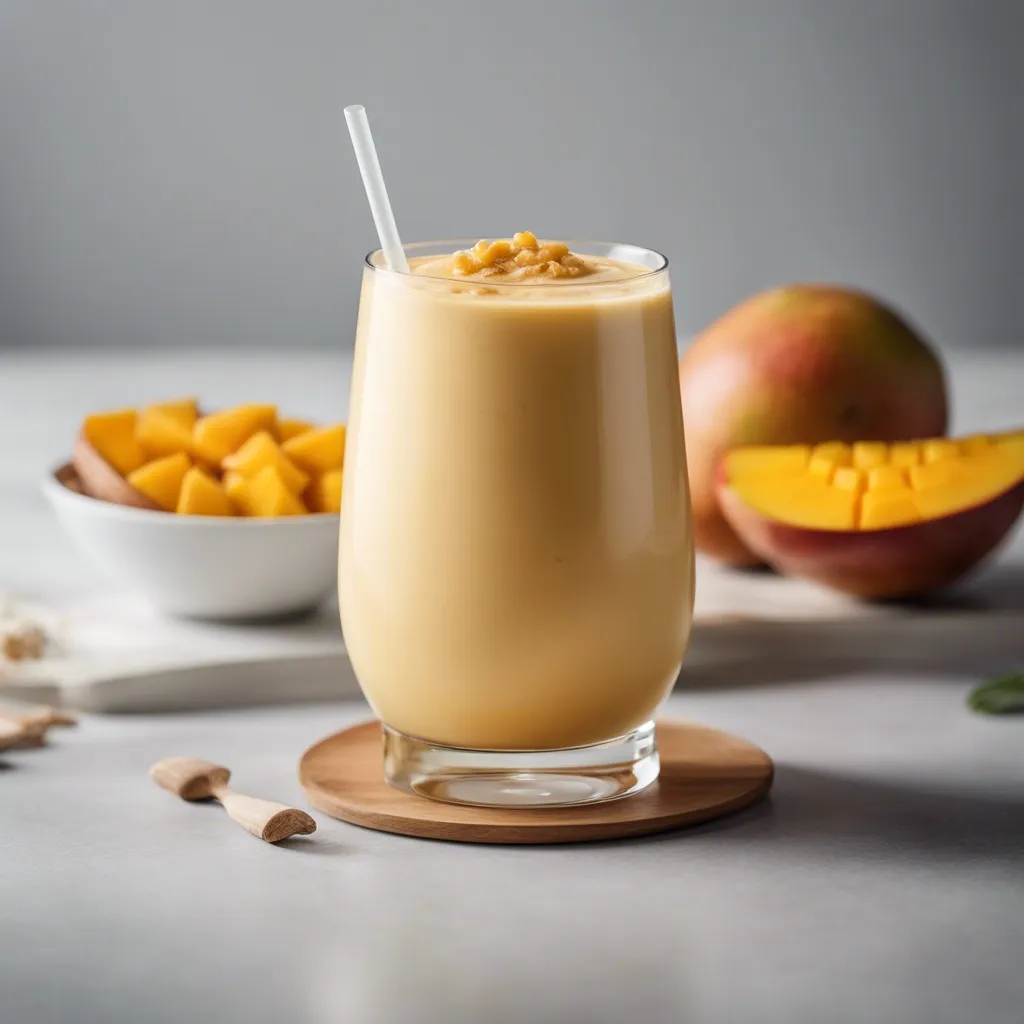 A mango ginger smoothie in a tall glass on a wooden coaster, topped with crushed nuts, accompanied by diced mango and whole mangos on the side