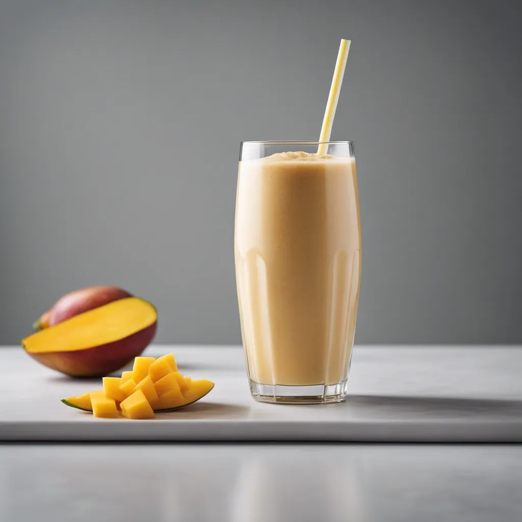 A mango ginger smoothie in a tall glass with a yellow straw, topped with a sprinkle of granola, beside sliced mango on a light surface