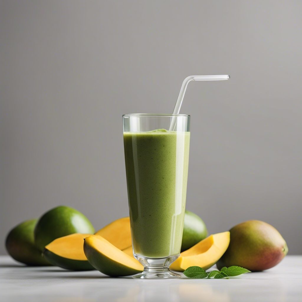 A refreshing mango green smoothie in a clear glass with a white straw, surrounded by fresh mango slices and mint leaves on a neutral background