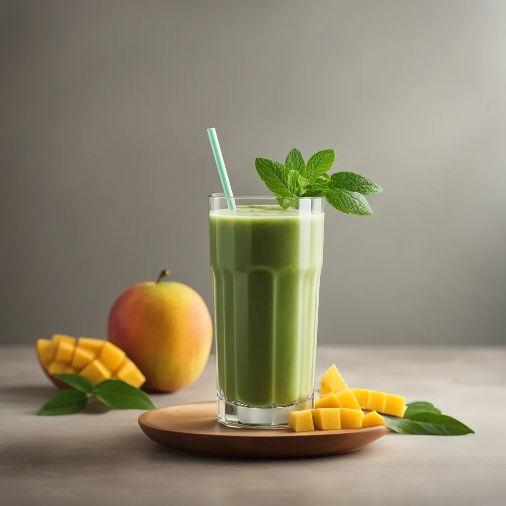 A vibrant mango green smoothie served in a tall glass with a mint garnish and a teal straw, with mango pieces on a wooden plate and an apple in the background