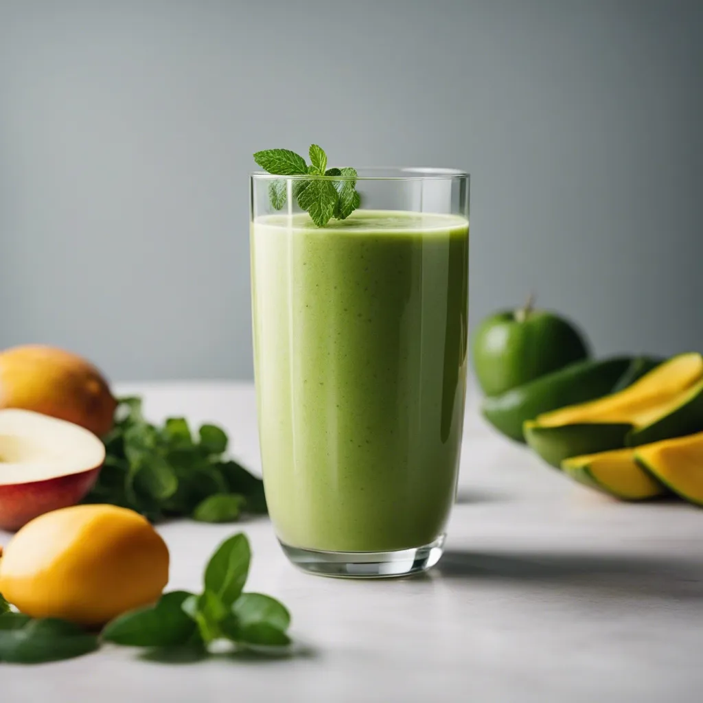 A nutritious mango green smoothie topped with a mint leaf in a clear glass, flanked by fresh mangoes, apples, and spinach leaves on a light surface