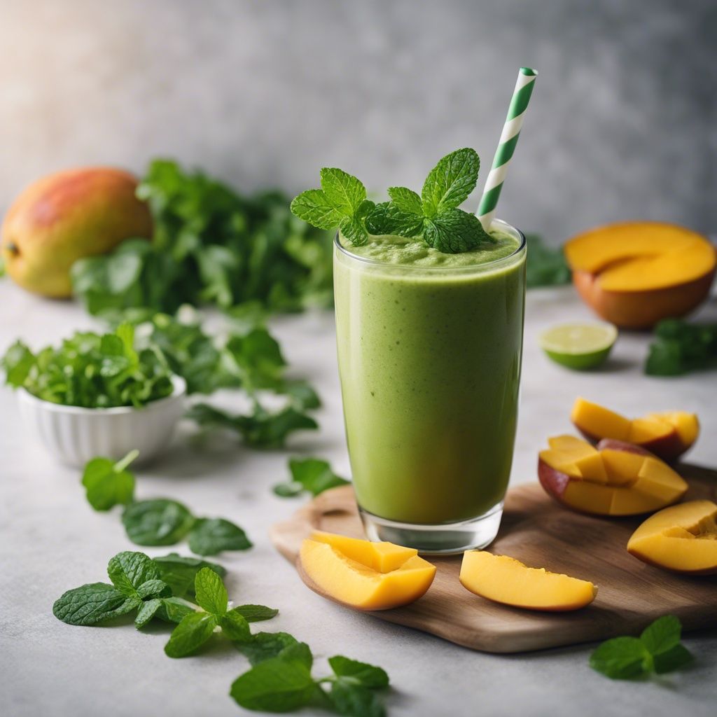 A vibrant green mango kale smoothie in a tall glass, topped with a sprig of mint and served with a striped straw. Fresh mango slices and lush mint leaves are artistically placed on a cutting board alongside.