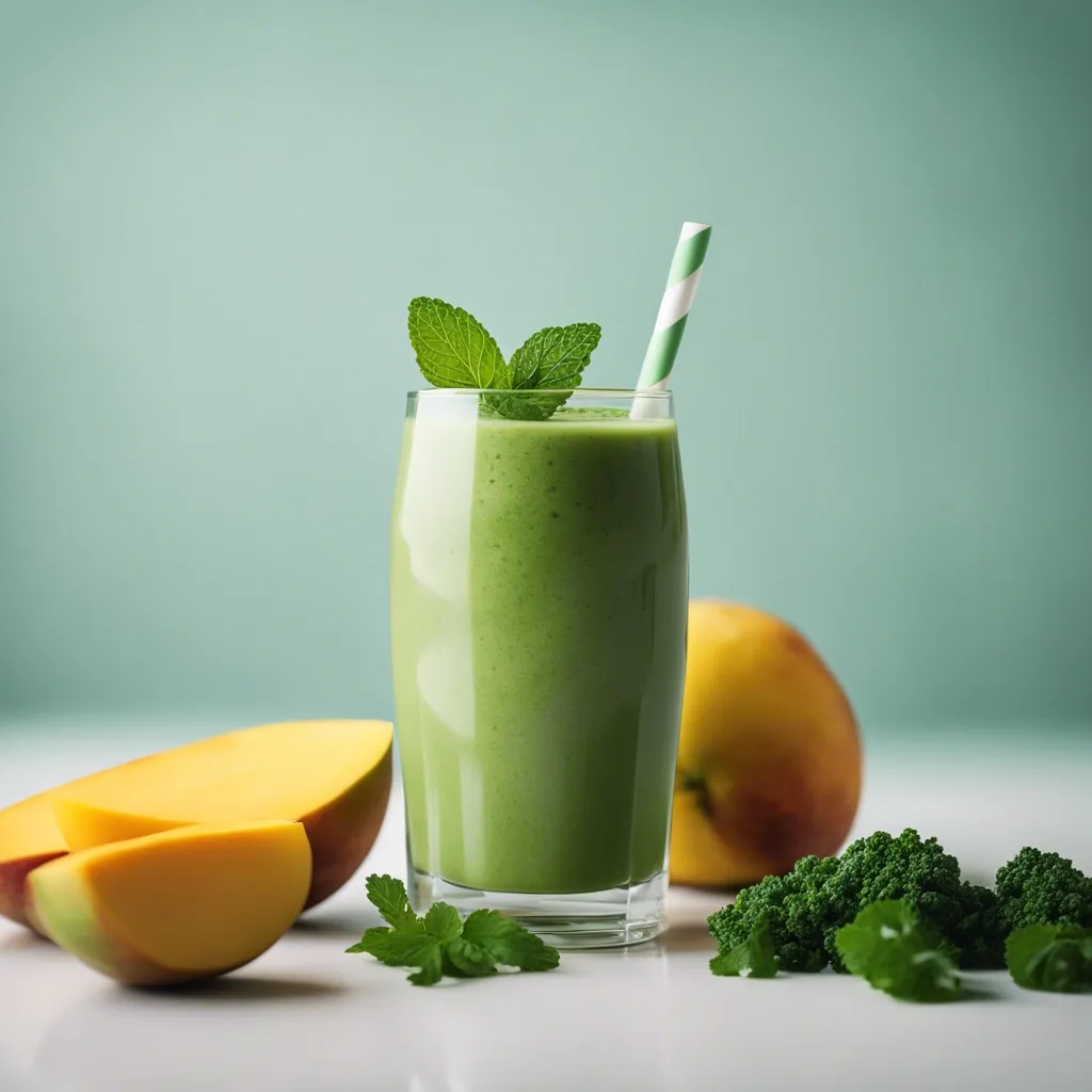 Creamy mango kale smoothie in a tall glass, garnished with mint and paired with a striped straw, with a mango and kale leaves in the backdrop on a serene green surface.