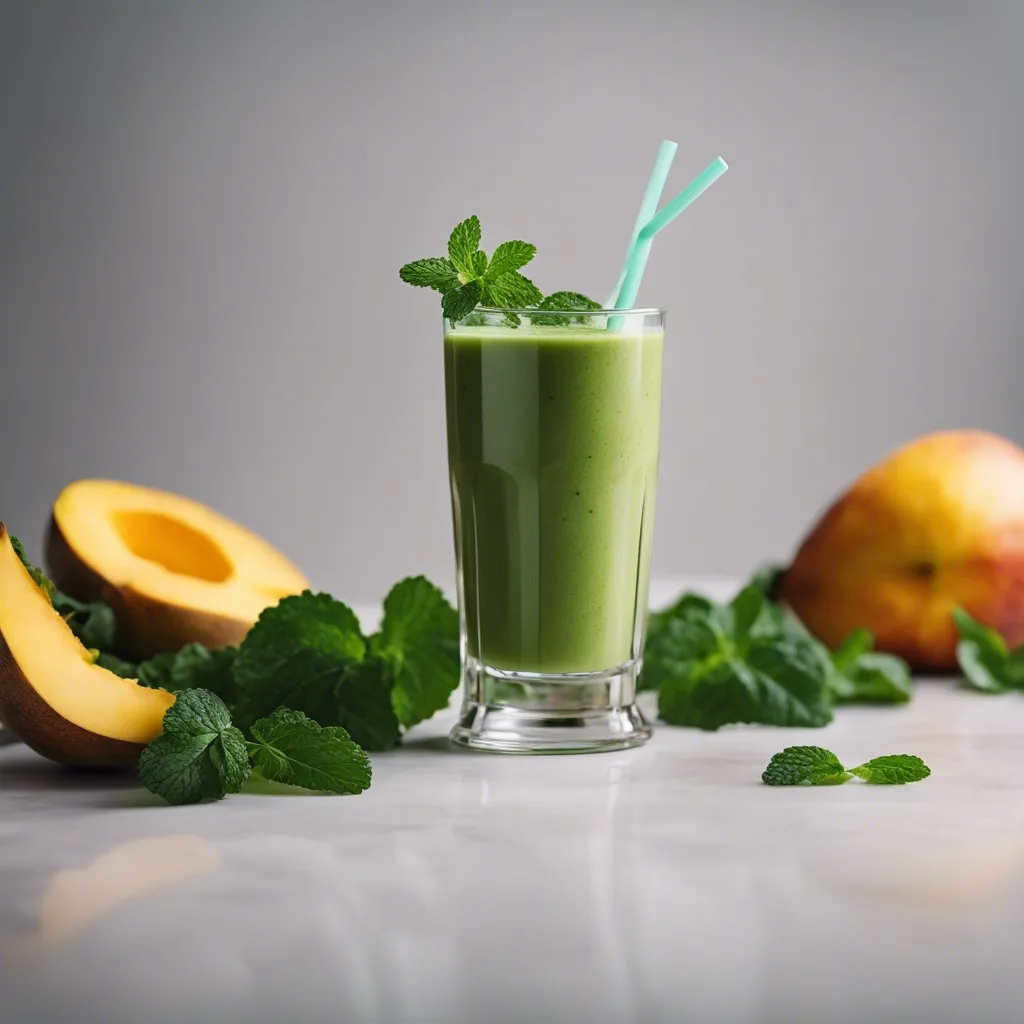 Delicious mango kale smoothie served in a tall glass, accompanied by a light blue straw and mint garnish, with half a mango and scattered mint leaves around on a light table.