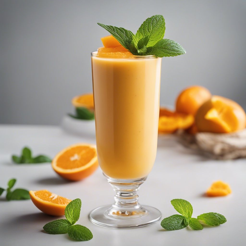 A vibrant mango orange smoothie in a tall glass, garnished with a fresh orange slice and a sprig of mint. The glass is set on a table surrounded by mint leaves, with halved and whole oranges in the soft-focus background.
