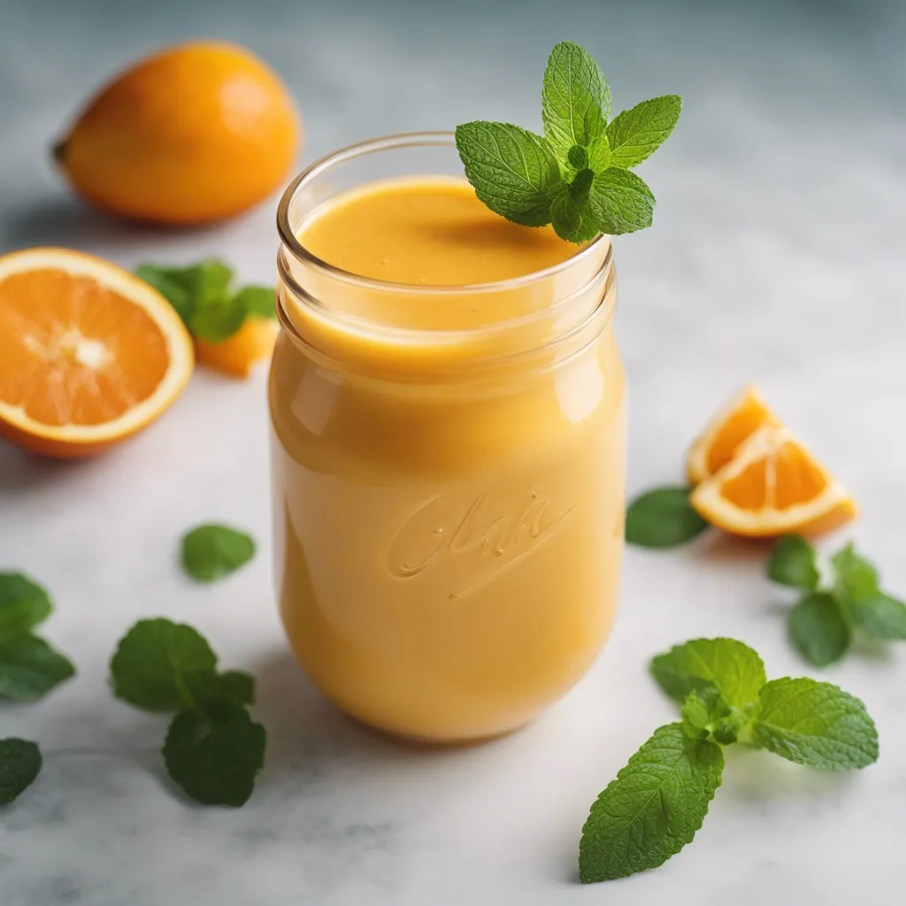 A refreshing mango orange smoothie served in a mason jar, topped with a leaf of mint. Whole oranges and additional mint leaves adorn the marble surface around the jar, evoking a fresh and natural setting.