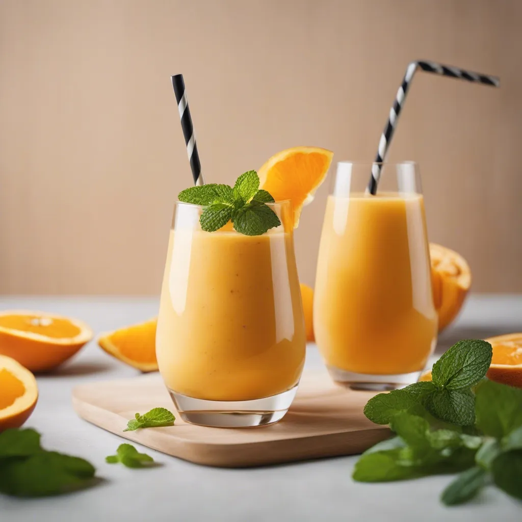 Two glasses of mango orange smoothie on a wooden serving board, each glass featuring a black and white striped straw and a mint leaf garnish. Slices of orange and whole oranges, along with mint leaves, are artfully arranged around the glasses on a textured table surface.