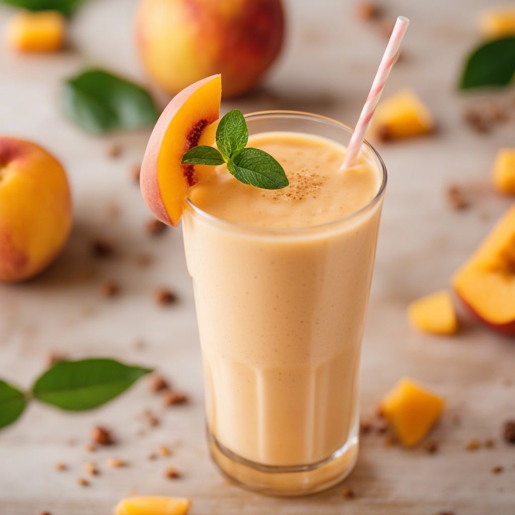 A tall glass of Mango Peach Smoothie garnished with a slice of peach and surrounded by fresh whole peaches.
