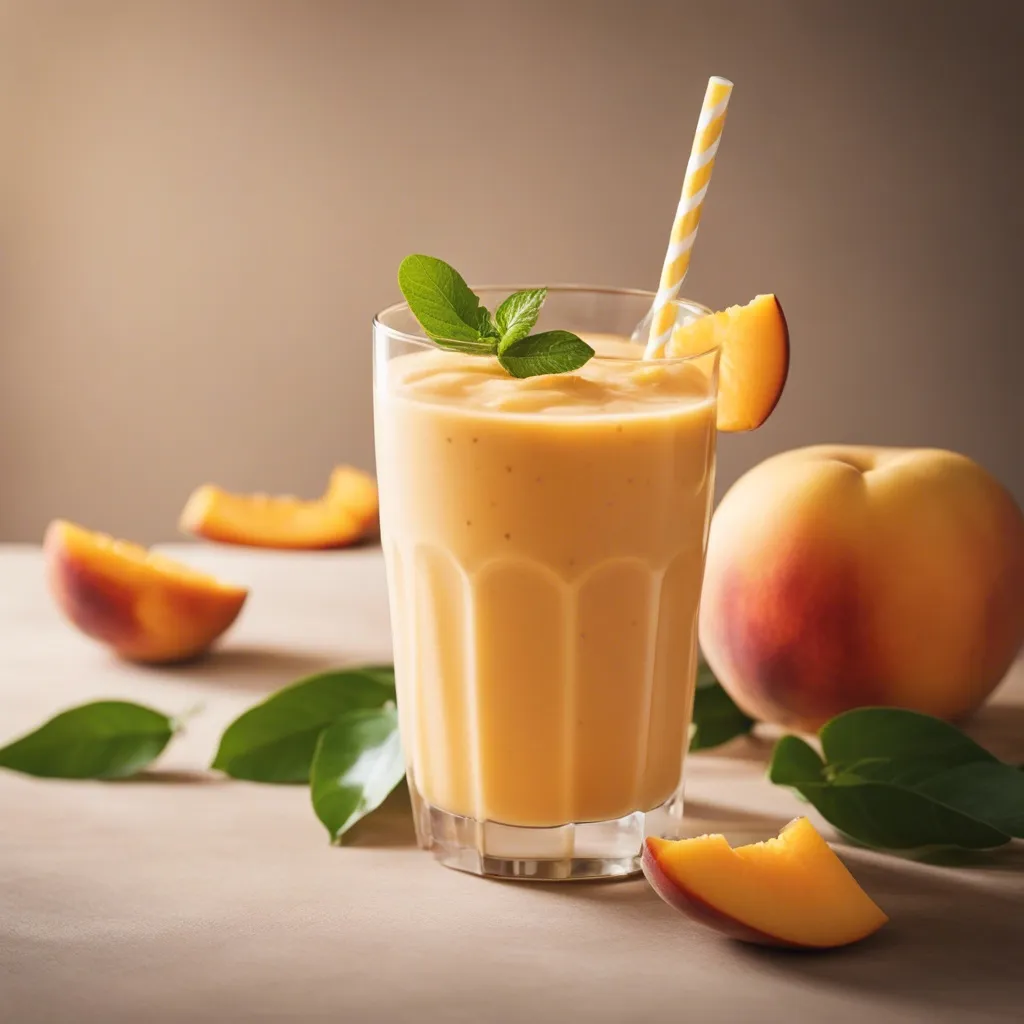 A glass of Mango Peach Smoothie garnished with a slice of peach with a yellow and white straw, surrounded by fresh peache slices.