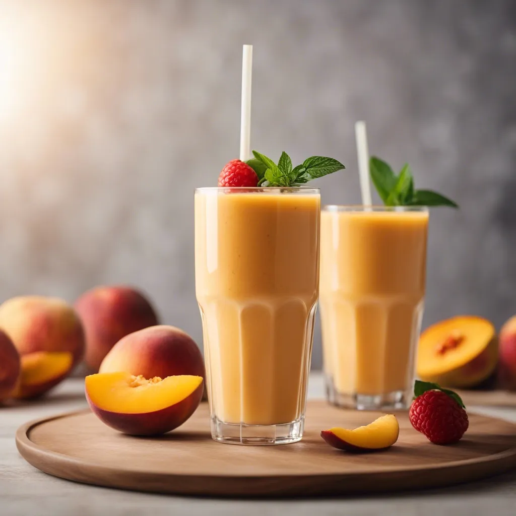 A tall glass of Mango Peach Smoothie garnished with a single raspberry and surrounded by peach slices and whole peaches.