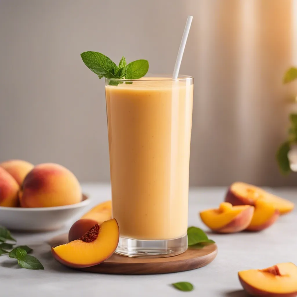 A tall glass of Mango Peach Smoothie with a white straw and surrounded by peaches.