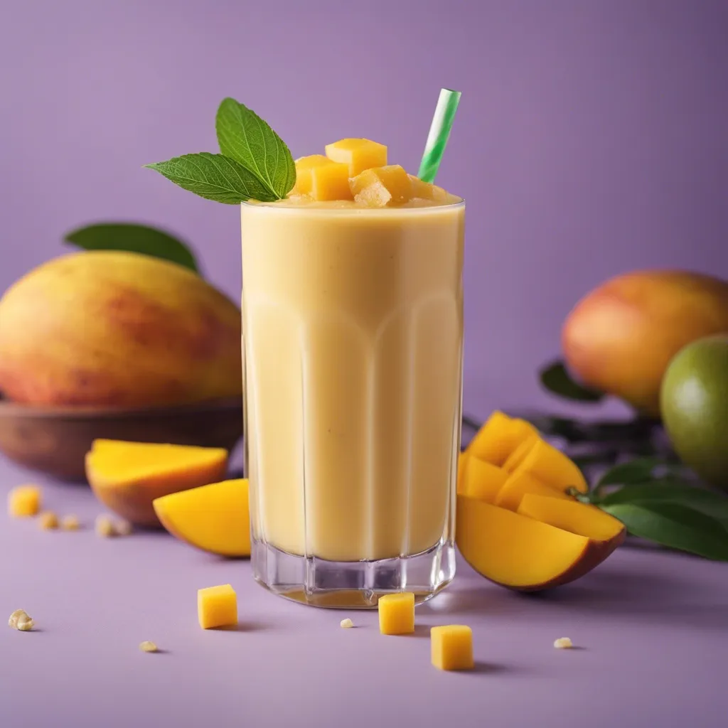 A glass of Mango Peanut Butter smoothie garnished with cubed mango and mint with mangoes surrounding the glass