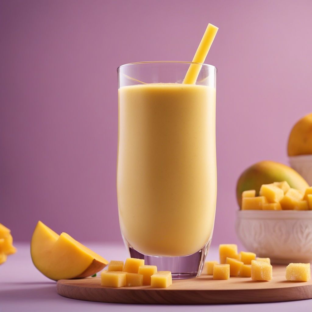 Mango Peanut Butter Smoothie in a tall glass surrounded by chopped mango on a pinkish-purple backdrop