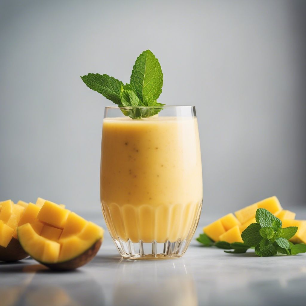A vibrant glass of Mango Pineapple Smoothie garnished with mint leaves and surrounded by chopped mango and mint.