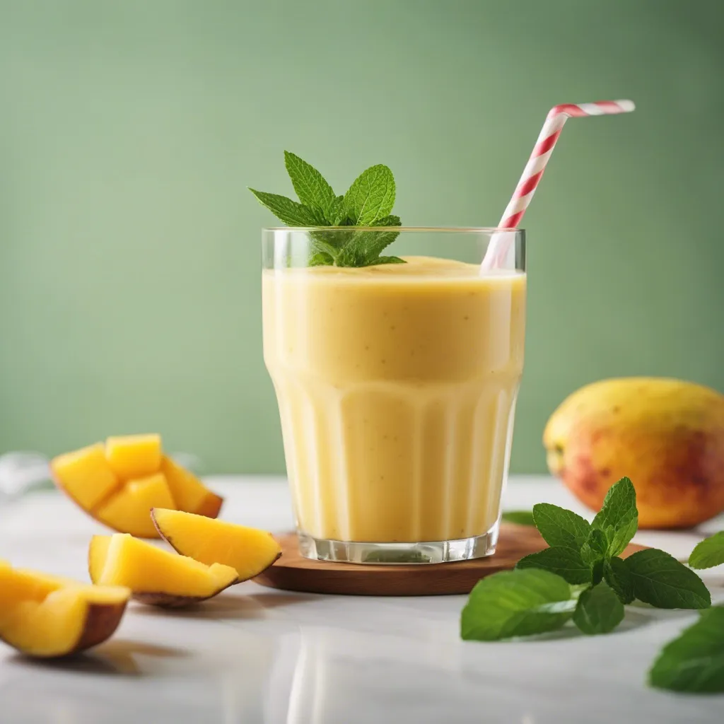 A vibrant glass of Mango Pineapple Smoothie garnished with mint leaves and a white and red straw in the glass. The smoothie has mango slices scattered around it and also a few mint leaves.