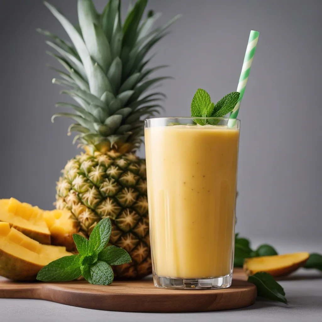 A tall glass of Mango Pineapple Smoothie garnished with mint leaves and a white and green straw in the glass. There's a pineapple in the background as well as mango slices.