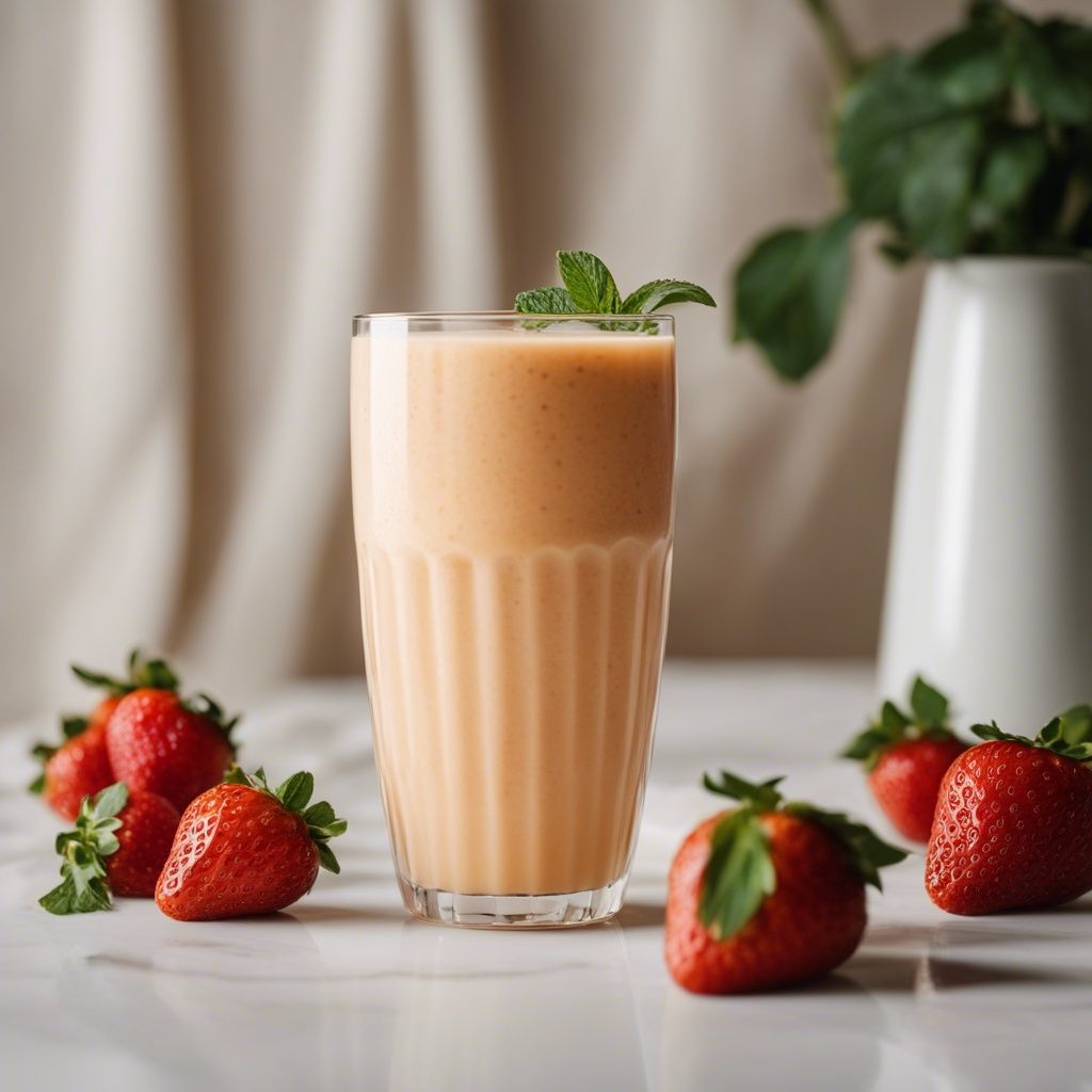 A tall textured glass of Mango Pineapple Strawberry Smoothie with mint on the glass as garnish and strawberries scattered around
