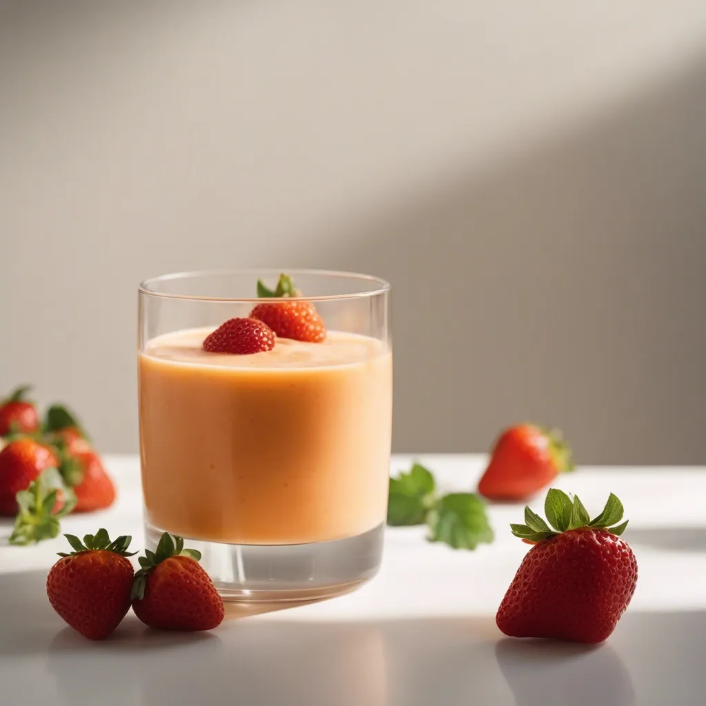 Mango Pineapple Strawberry Smoothie in a short glass with strawberries as garnish