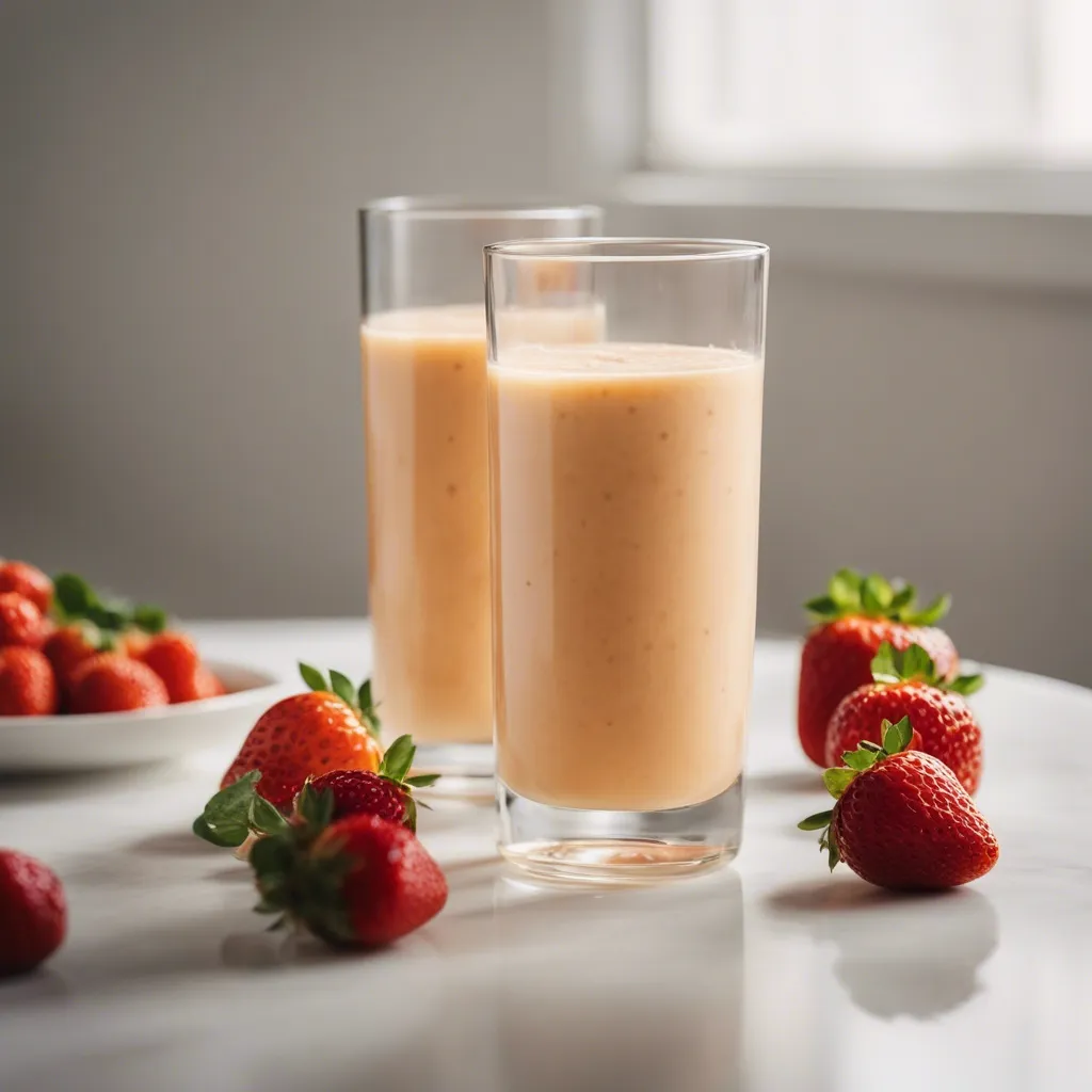 2 Glasses of Mango Pineapple Strawberry Smoothie with strawberries as garnish