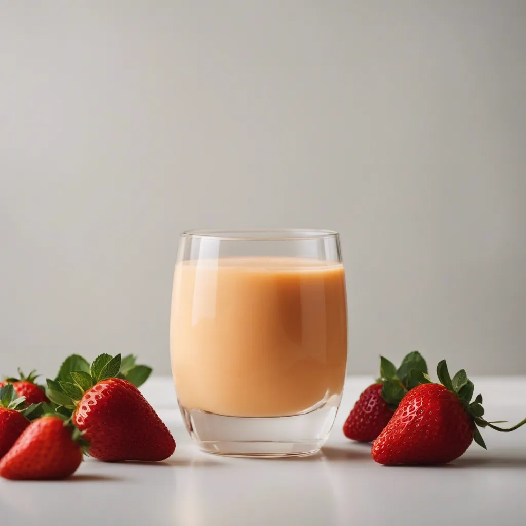 A small glass of Mango Pineapple Strawberry Smoothie with strawberries as garnish