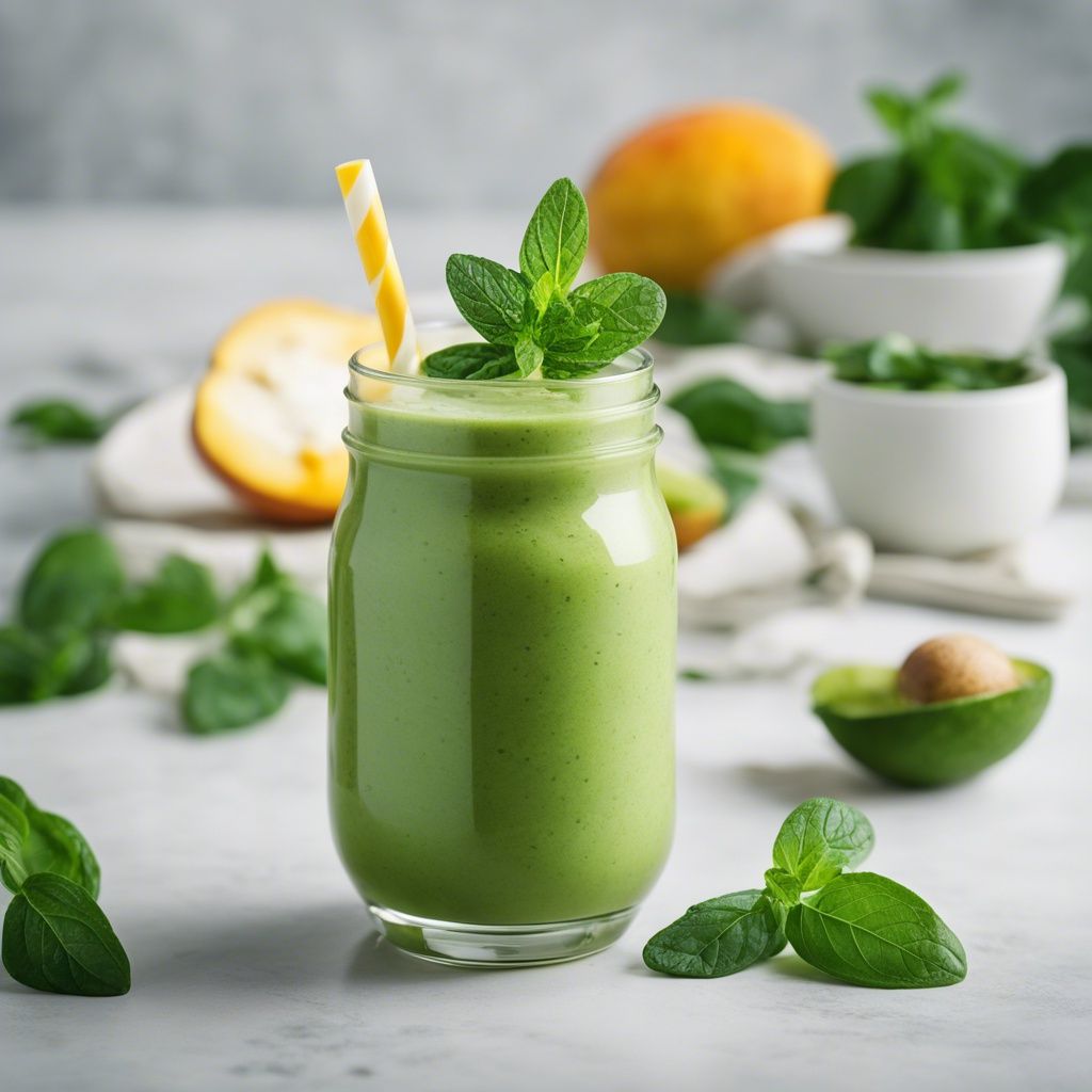 A jar of mango spinach smoothie with a yellow striped straw and garnished with fresh mint, with mango slices and fresh spinach leaves on the side.