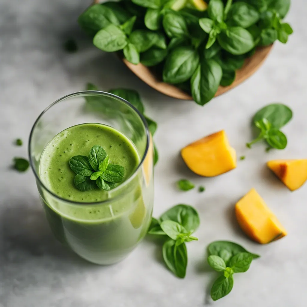 A glass of mango spinach smoothie garnished with a sprig of mint, with mango pieces and fresh spinach in a wooden bowl in the background.