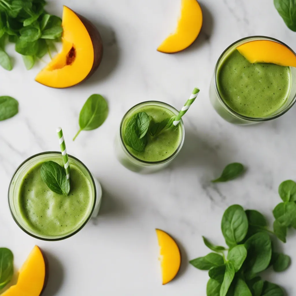 Top view of a mango spinach smoothie in a glass with a straw, accompanied by mango slices and fresh spinach leaves on a marble surface.