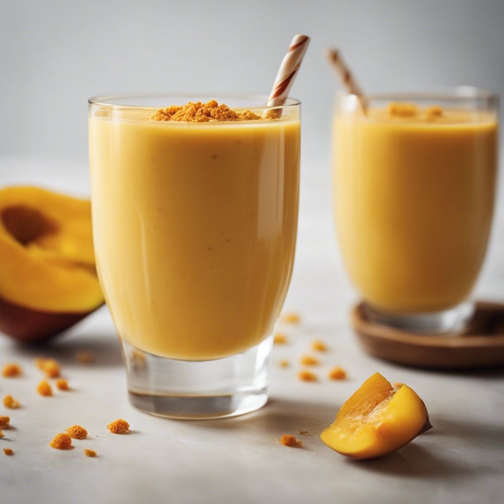 A smooth mango turmeric smoothie in a clear glass topped with crushed biscuits, accompanied by slices of fresh mango and a bi-color straw, on a neutral background.