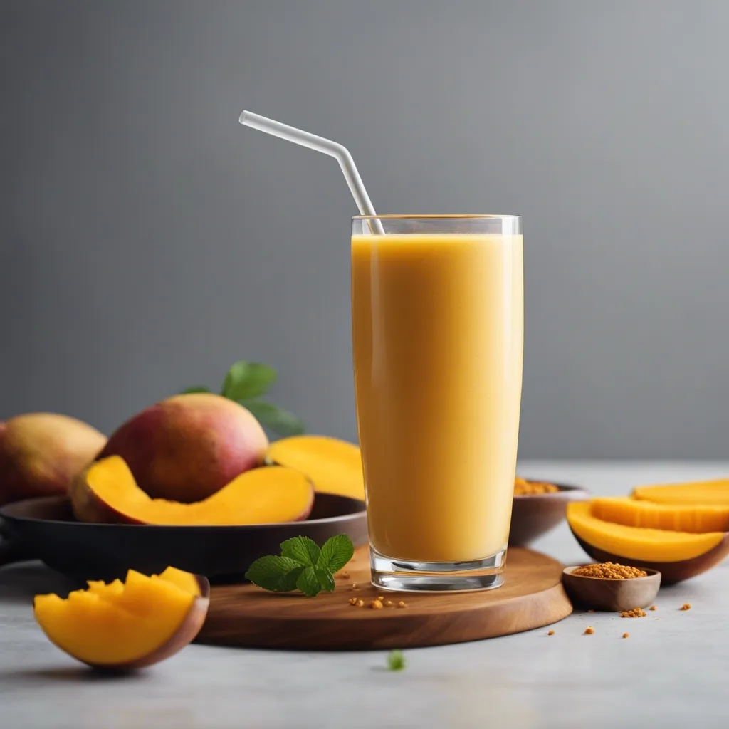 A tall glass of mango turmeric smoothie with a white bendy straw, served on a wooden board with fresh mango slices and turmeric powder around, creating a healthy and inviting look.