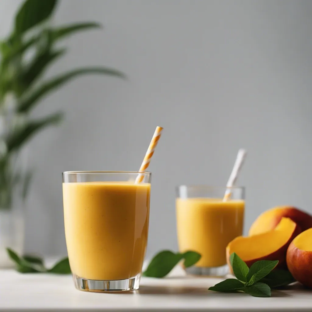 A creamy mango turmeric smoothie in a clear glass with a white and orange striped straw, two glasses in the background, fresh mango slices and green leaves around adding freshness to the scene.