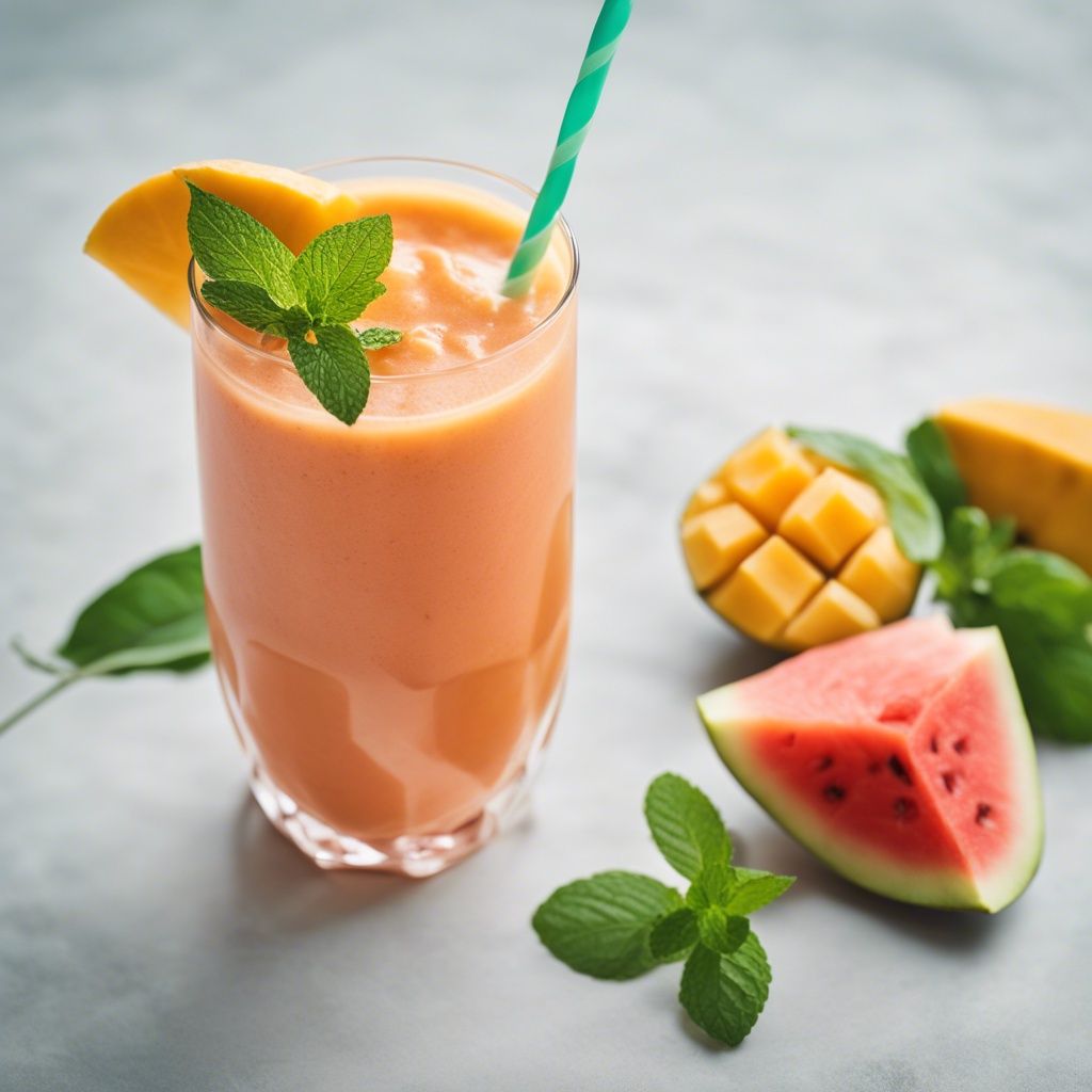 A glass of vibrant Mango Watermelon Smoothie garnished with mint leaves.